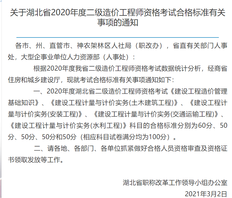 2020年度湖北省二级造价师合格分数线出来了吗？